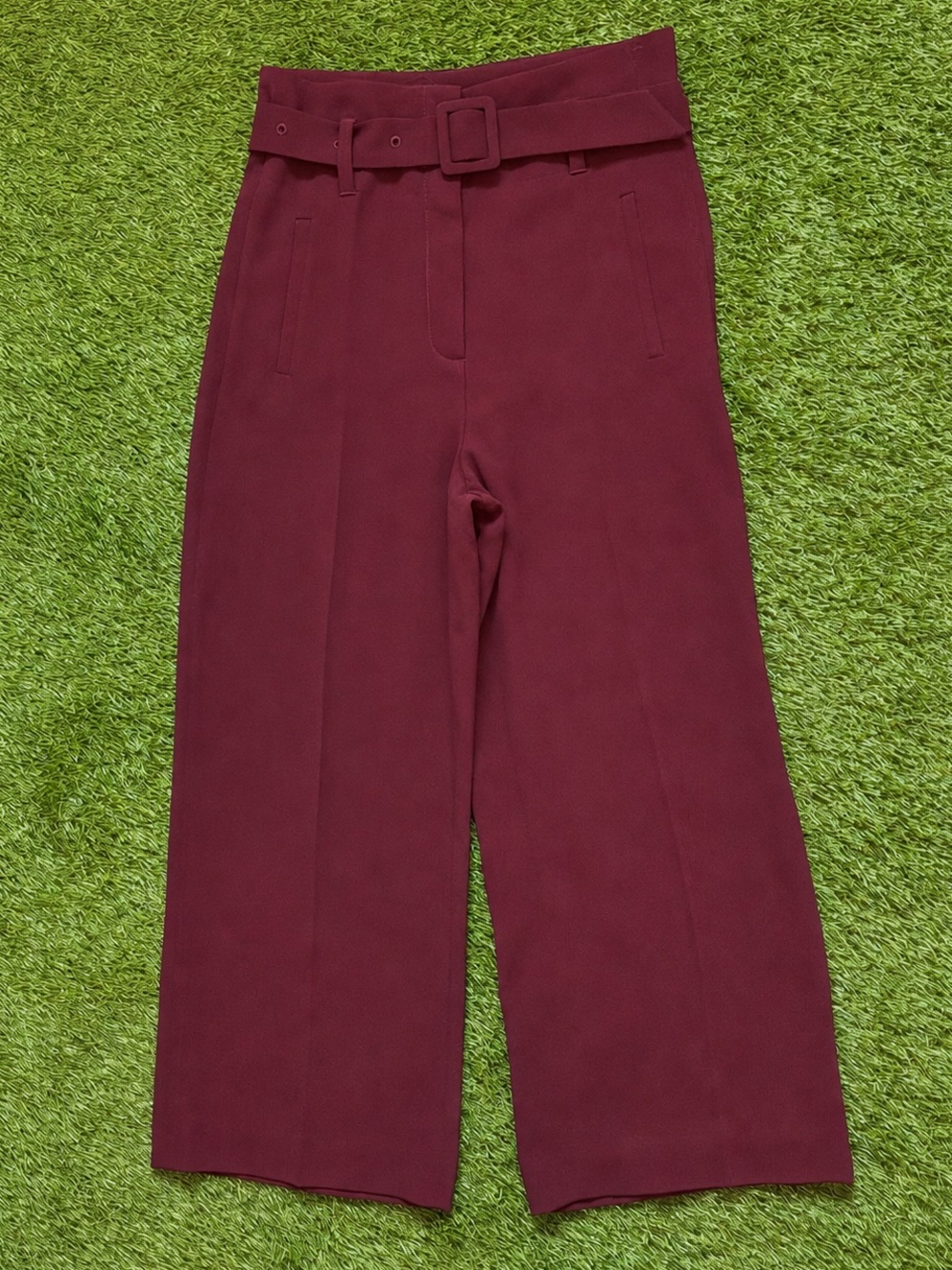 Claudia Sträter Burgundy High-Waisted Wide Leg Belted Trousers Size 34